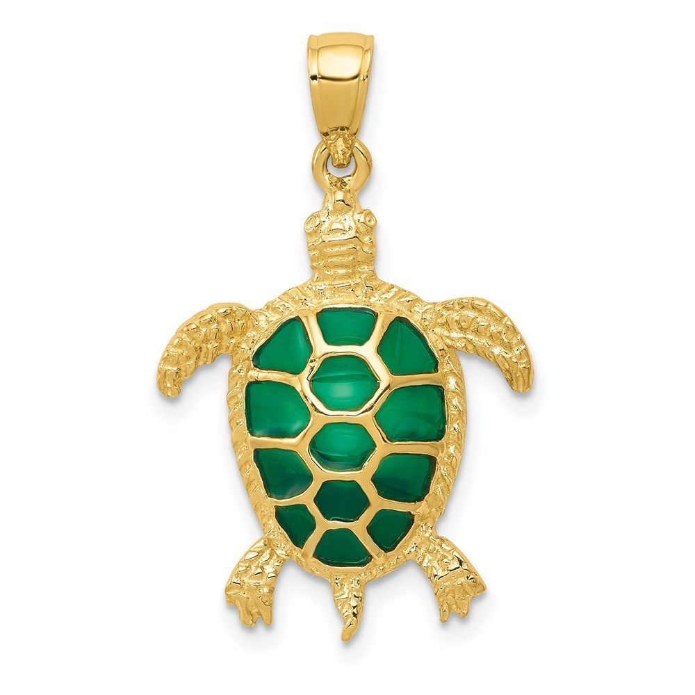 14k Yellow Gold Green Enameled Sea Turtle Necklace Charm Pendant